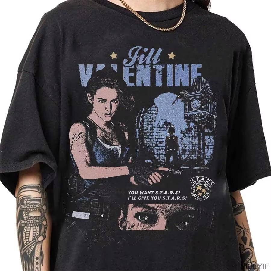 Jill Valentine and Carlos Oliveira Resident Evil T-shirt for Men Women Cotton T Shirts Short Sleeve Casual Clothing Hip Hop Streetwear Top 4XL