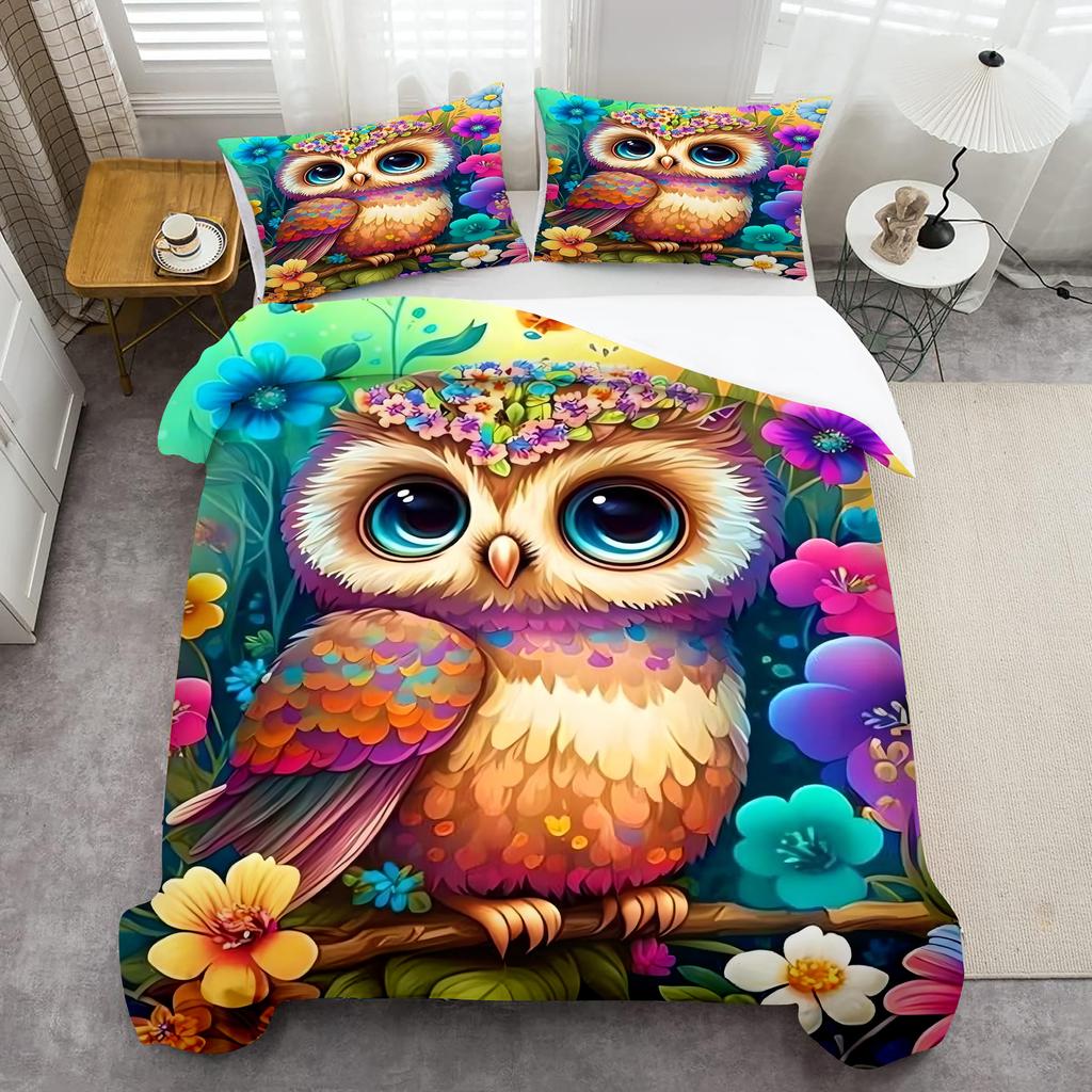 Eule Blume 3D Cartoon Druck Bettwäsche Set Fantastischer Bunter Stil Bettbezug Weich Bequem Polyester Bettbezug Kissenbezug