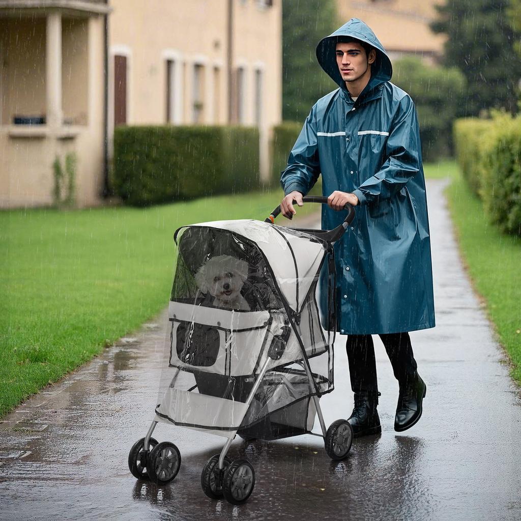 Folding Dog Stroller with Rain Cover, Swivel Wheels and Brakes, Grey