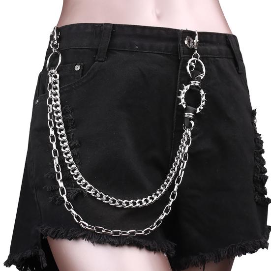 Trouser Chain Double Layer Metal Alloy Pants Chain with Spiked Ring Snap-On Lobster Clasp Punk Hip-Hop Style Pants Accessory