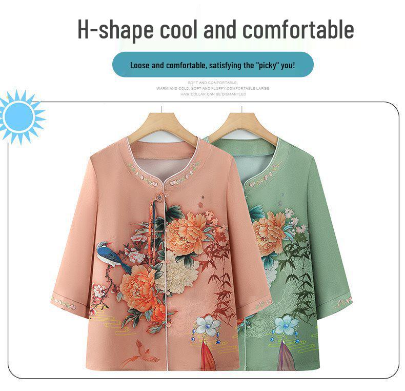 Floral Seven-Sleeve Shirt for Middle-Aged & Elderly Women – Chic Grandma Style, Summer Chinese Top