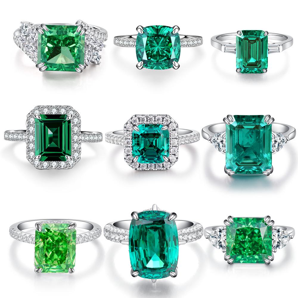 

Emerald Radiant Cut Ring with High Carbon Diamond Accents in S925 Sterling Silver Size 9