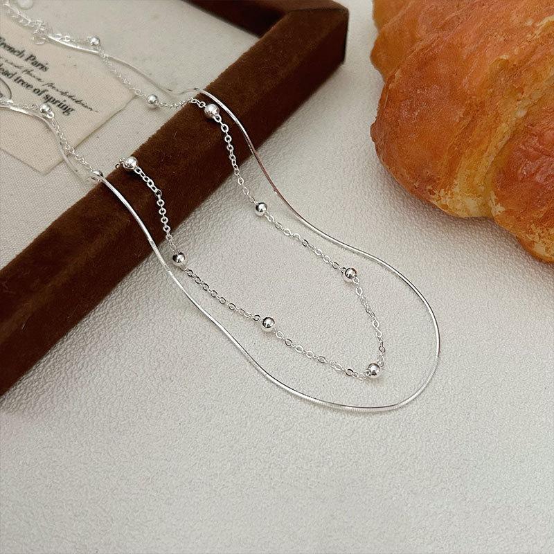 

Double Layer Snake Bone Chain Round Bead Necklace Women s Collarbone Chain Ins Niche Minimalist Best Friend Student Bean Neck Chain 40CM