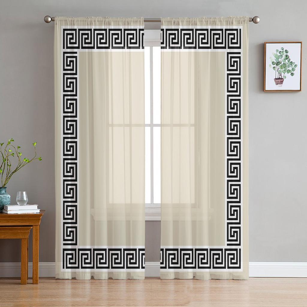 Cortinas Voile Transparentes con Patrón Geométrico Rojo de Llave Griega para Ventana de Salón, Cortina de Tul de Chifón para Cocina, Dormitorio, Cortinas Decorativas para el Hogar