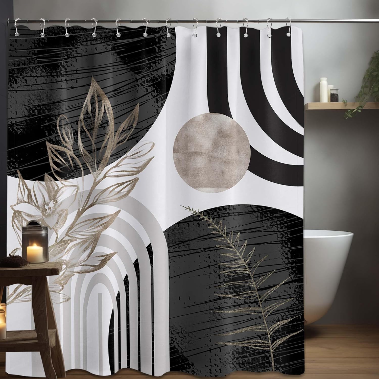 Baifenbai Home Furnishing Black/White Mid-Century Modern Shower Curtain And Shower Curtain For Bathroom Decorative Abstract Shower Curtain With Hooks