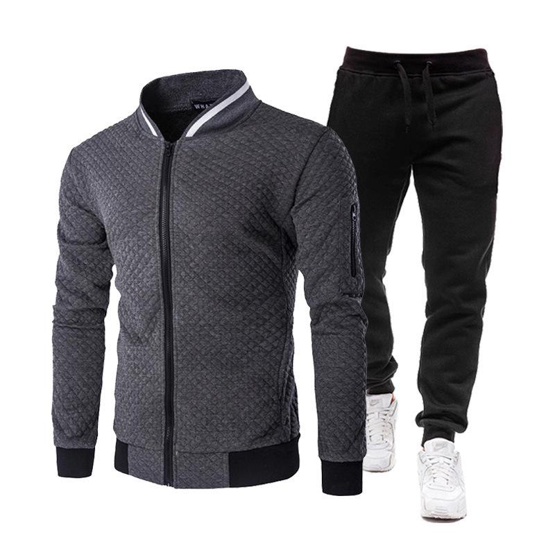 Men's Casual Plaid Stand-Up Collar Zipper Sweatshirt Jacket - Solid Color Set for Spring & Autumn