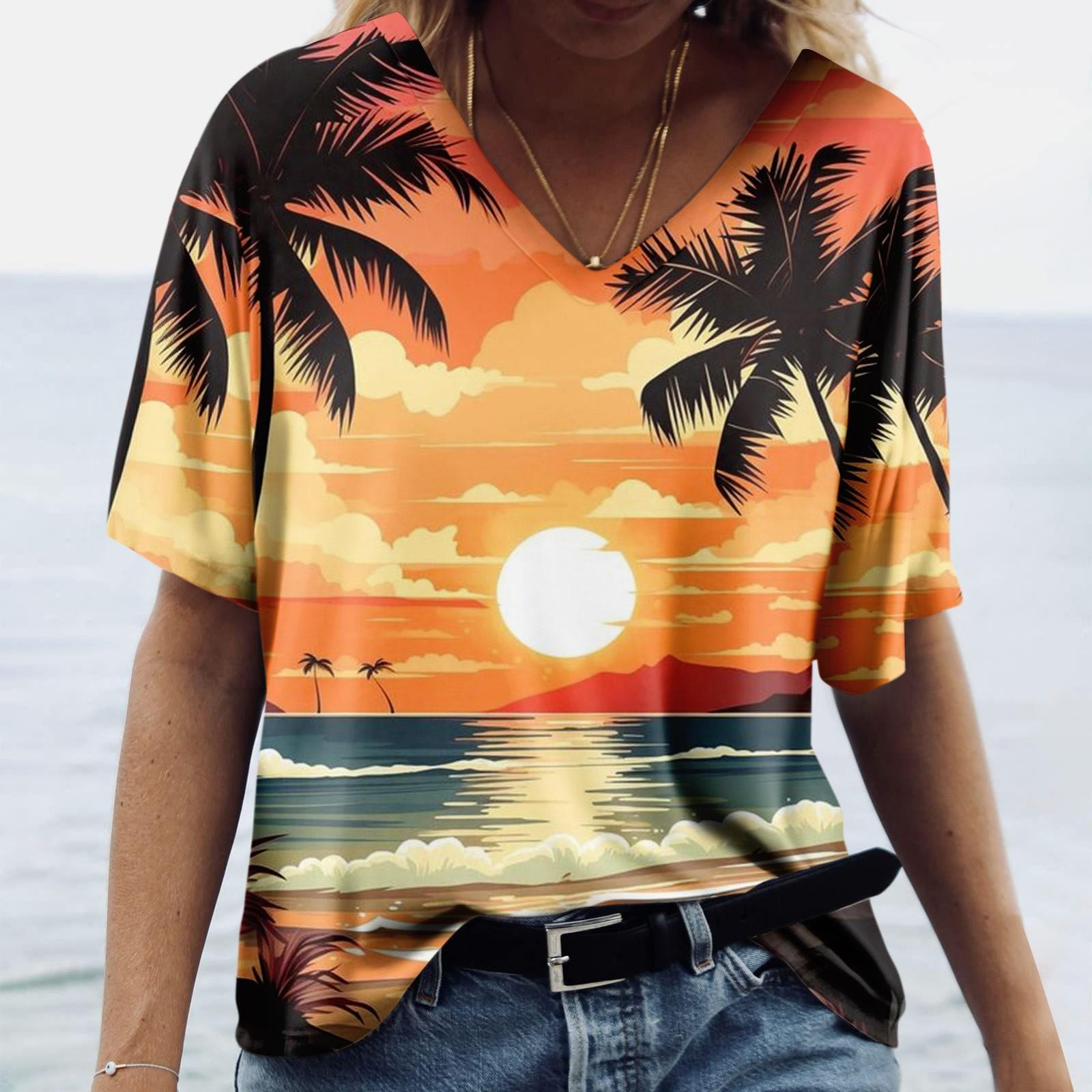 

Женская модная повседневная блузка с V-образным вырезом и коротким рукавом с принтом XL оранжевый