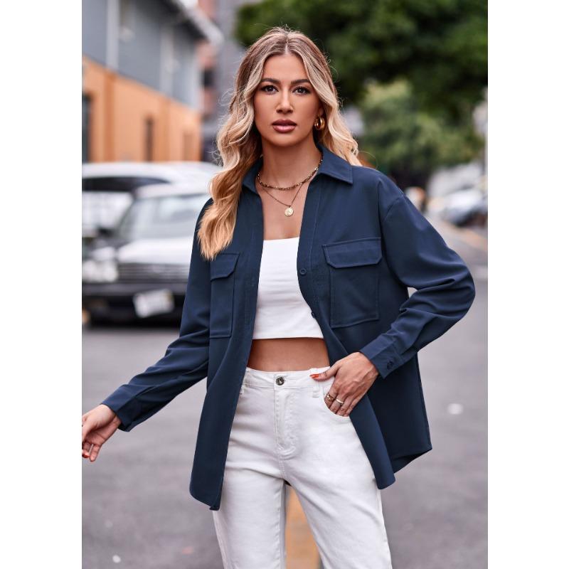 Women S Long Sleeve Solid Color Button Up Shirt With Pockets Casual