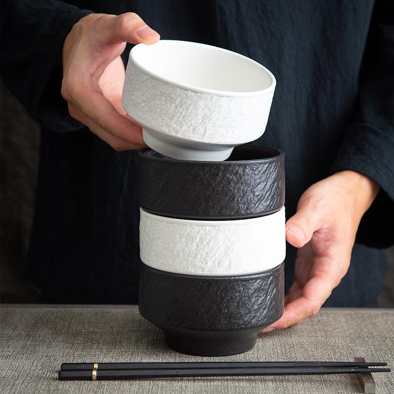 Black and White Ceramic Rice Bowl - Rock Texture Household Tableware for Soup, Salad, Dessert
