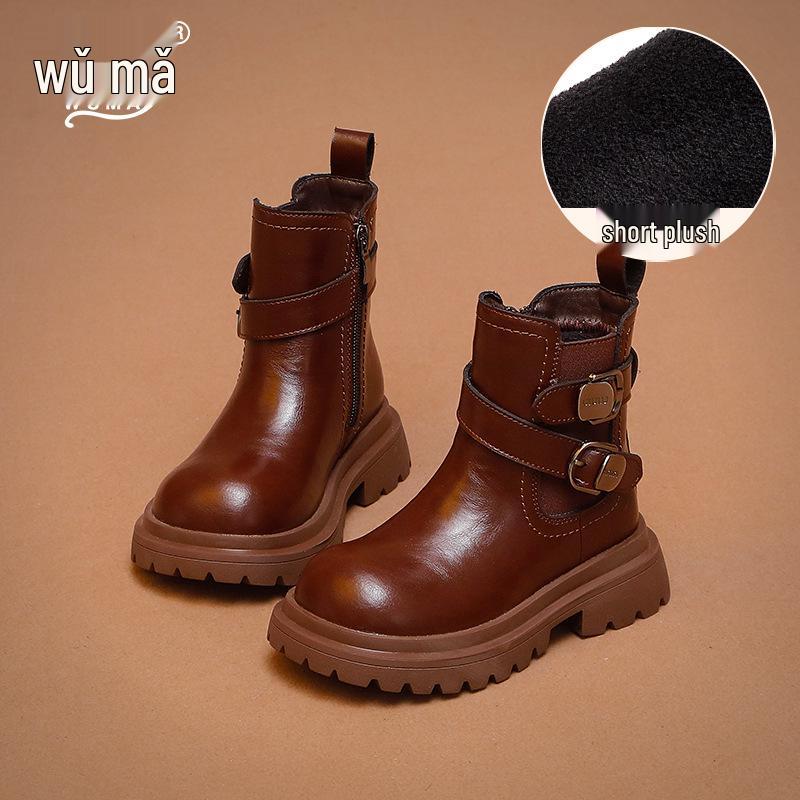 

Wuma Kids Martin Boots: 2025 Winter Style, Girls Velvet-Lined Retro Buckle Short Boots Size 36, length 22.8 cm
