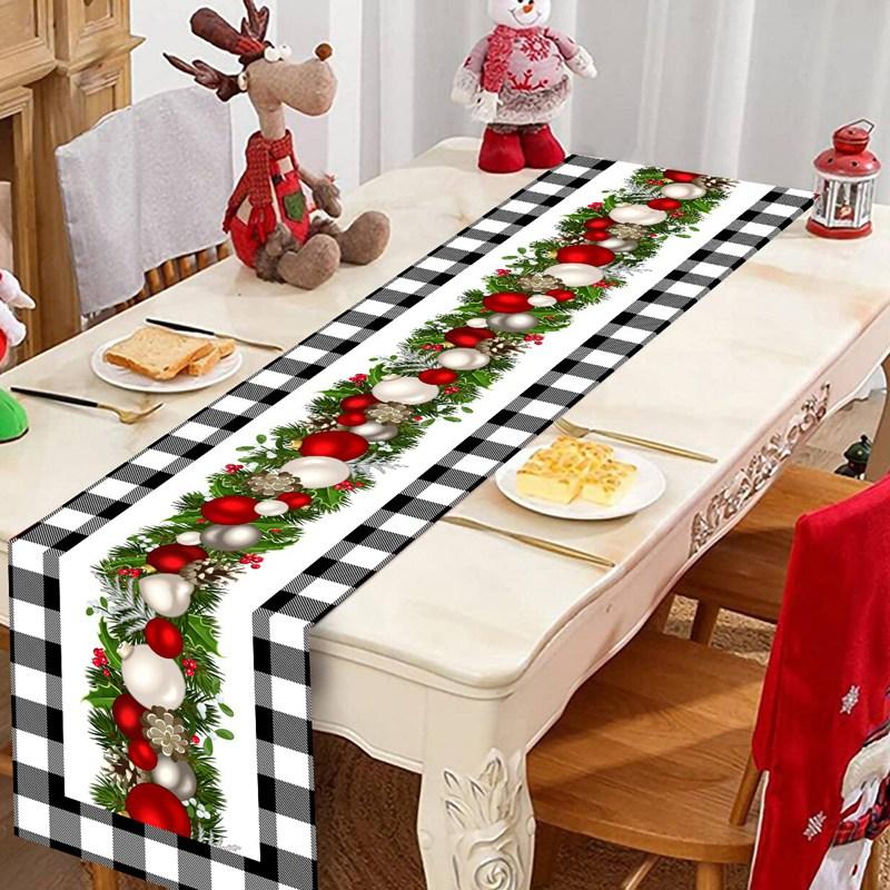 Christmas Ball Buffalo Plaid Table Runner Merry Christmas Decorations For Home Decor Xmas Table Flag Cover Gifts Happy New Year