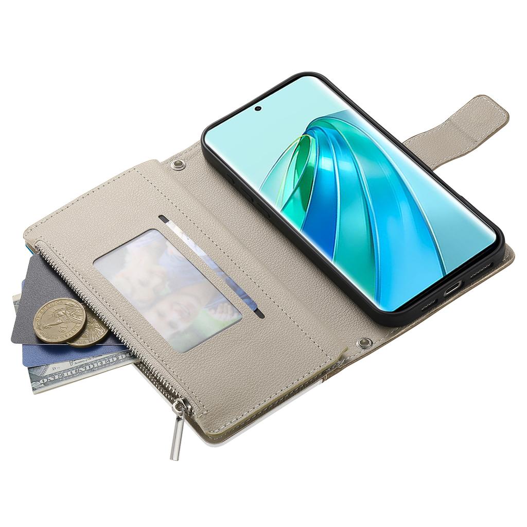 For Honor X9c 5G Case Zipper Wallet Color Splicing Leather Flip Phone Cover with Straps