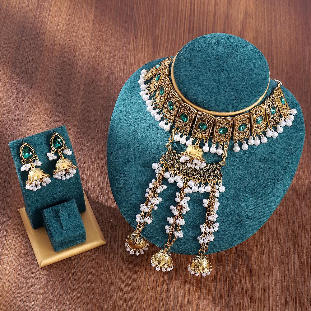 Indian Ethnic Style Colored Diamond Bells, Pearl Necklace, Earrings, Two-piece Set, Retro Style Exotic Bridal Alloy Jewelry.