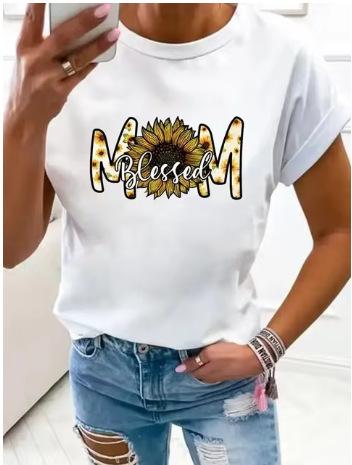 Large Size Women's Flower Mom Vintage Trend Clothing Printed T-Shirt Clothing Summer Basic Top Short Sleeves