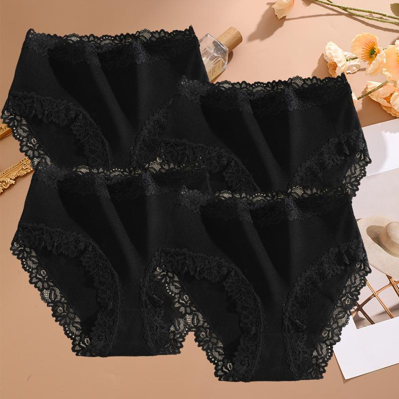 FINETOO 4PCS Sexy Lace Cotton Panties for Women Flroal Lace Seamless Briefs High Rise Lingerie Female Breathable Soft Underwear