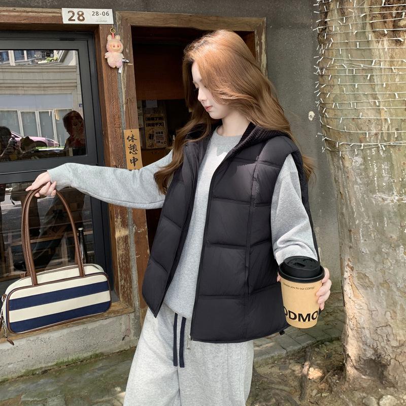 Winter Puff Grid Vest New Foreign Gas Cotton Thickened Hooded Vest Vest Outer Wear