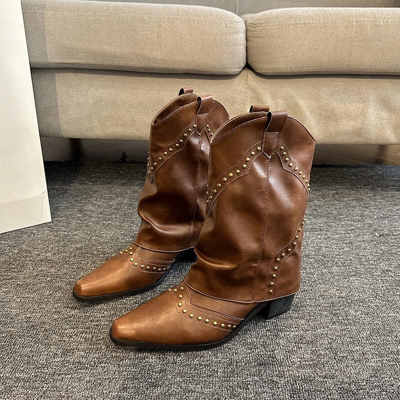 Western cowboy boots thick heel short boots women's 2025 new autumn knight boots pointed rivets retro trouser boots