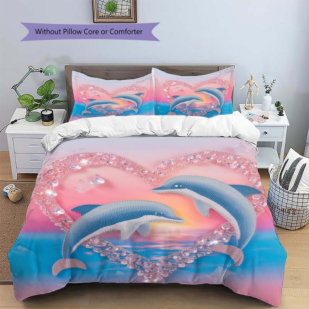 Kreslené Barevné Delfíní Vzor Povlečení Domácí Dekorace Narozeninový Dárek (1 * povlak na peřinu + 2 * povlak na polštář, bez jádra)