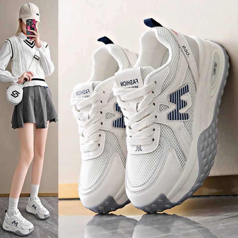 Fashion Soft Leather Mesh Sports Shoes Women 2024 Autumn New Breathable All-match Lightweight Platform Casual Shoes
