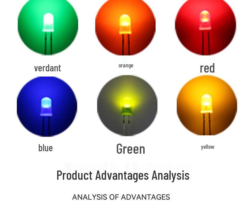 5mm Round LED Lamp Bead: Dual Leads with Flange, Red Emitting, Options in Yellow, Blue, Orange, and Emerald Green.