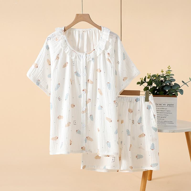 Pajamas Women's Summer Crepe Cotton Yarn Crew Neck Lace Cardigan Homewear Short Sleeve Shorts Loose Large Size Homewear