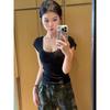 Women's Summer Black Lace Bow U-Neck Short-Sleeve Retro Top