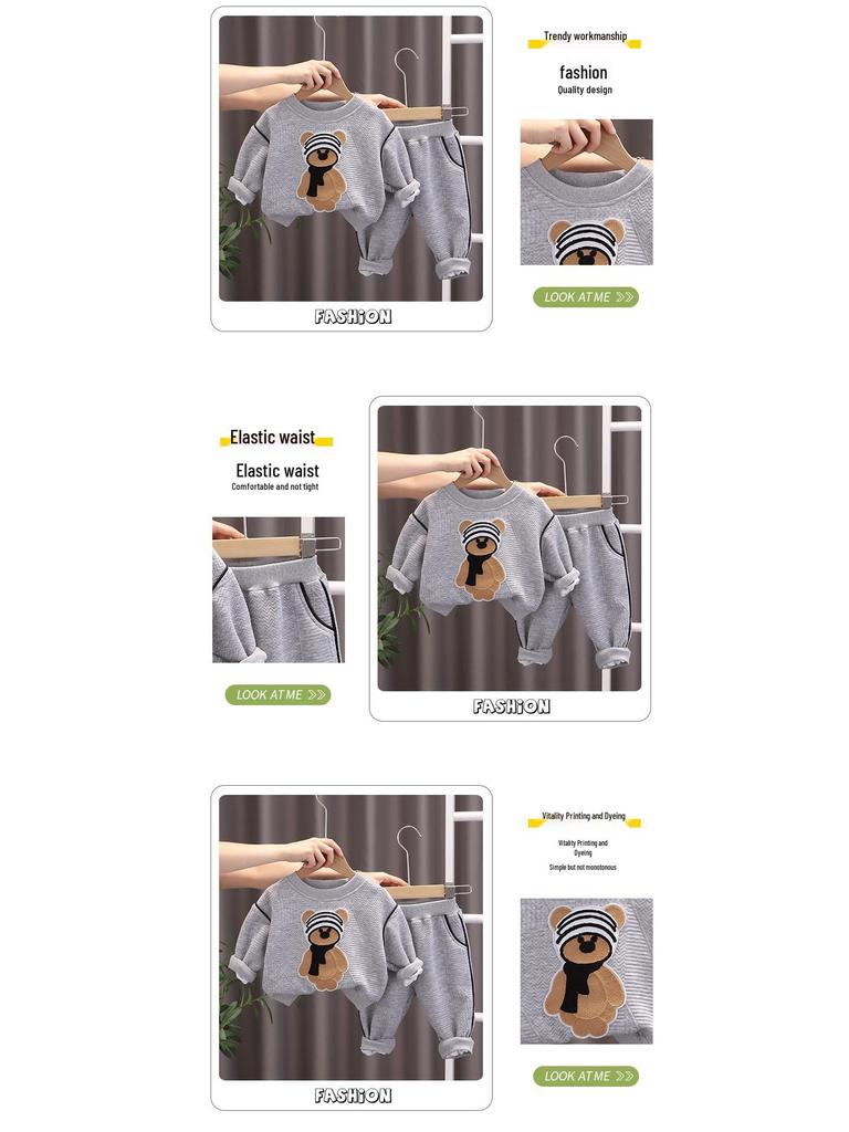 Korean Kids' Autumn Bear Sweatshirt & Sweatpants Set – Cartoon Two-Piece Long Sleeve Outfit