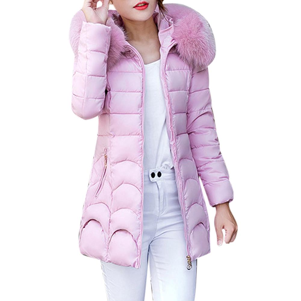 Women Hooded Outwear Warm Coat Long Thick  Collar Cotton Slim Jacket