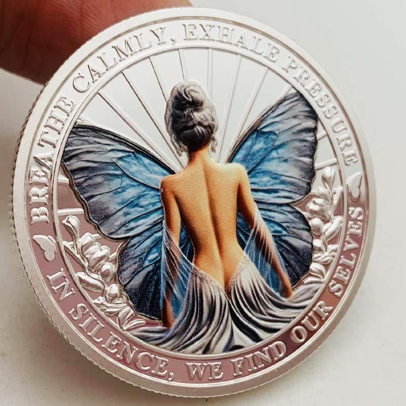Tranquil Woman Sharp Transformation Butterfly, Silver Plated Color Printing Commemorative Medal, Creative Pendant, Decoration, Love Gift, Souvenir