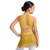 Girls Latin Leotard Sleeveless Ruched Mesh Overlay Cutout Strappy Waist Tassel Sparkle Rhinestone Dancewear