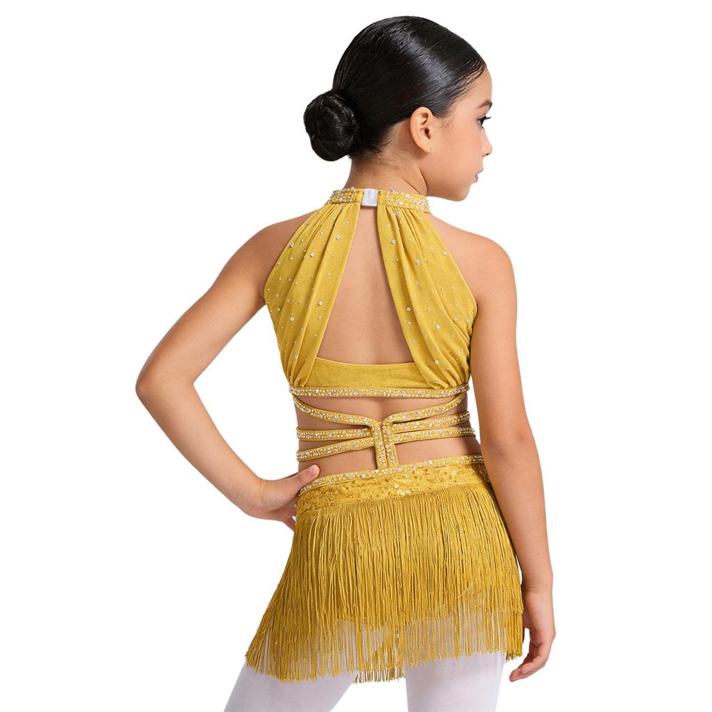 Girls Latin Leotard Sleeveless Ruched Mesh Overlay Cutout Strappy Waist Tassel Sparkle Rhinestone Dancewear