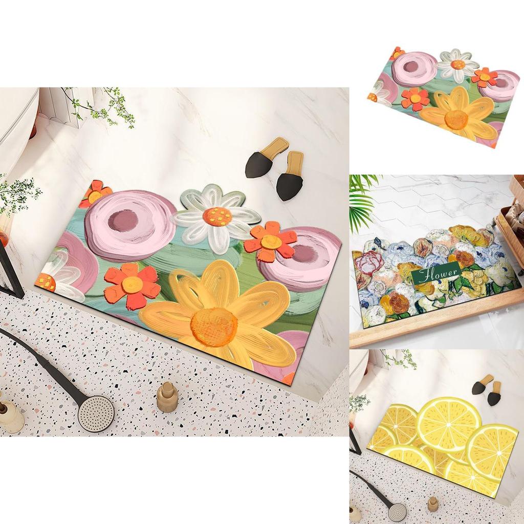 Colorful Lemon Cherry Blossoms Floral Patterns Pattern Diatom Mud Floor Mat For Living Room