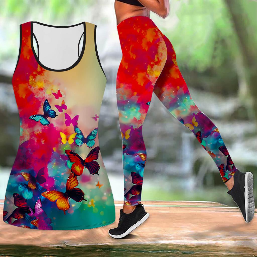 Autumn Butterfly Print Yoga Outfit for Women Fashion Workout Leggings Fitness Sports Casual Yoga Set Sports Suit