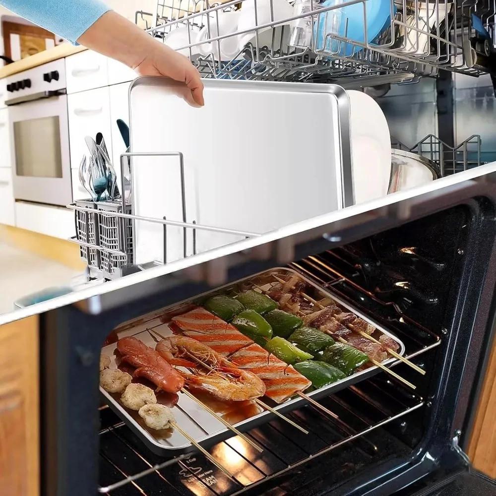 1 Set of Stainless Steel Baking Tray and Net Tray Set Biscuit with Cooling Rack Toaster Oven Tray Accessory 23*17.5cm