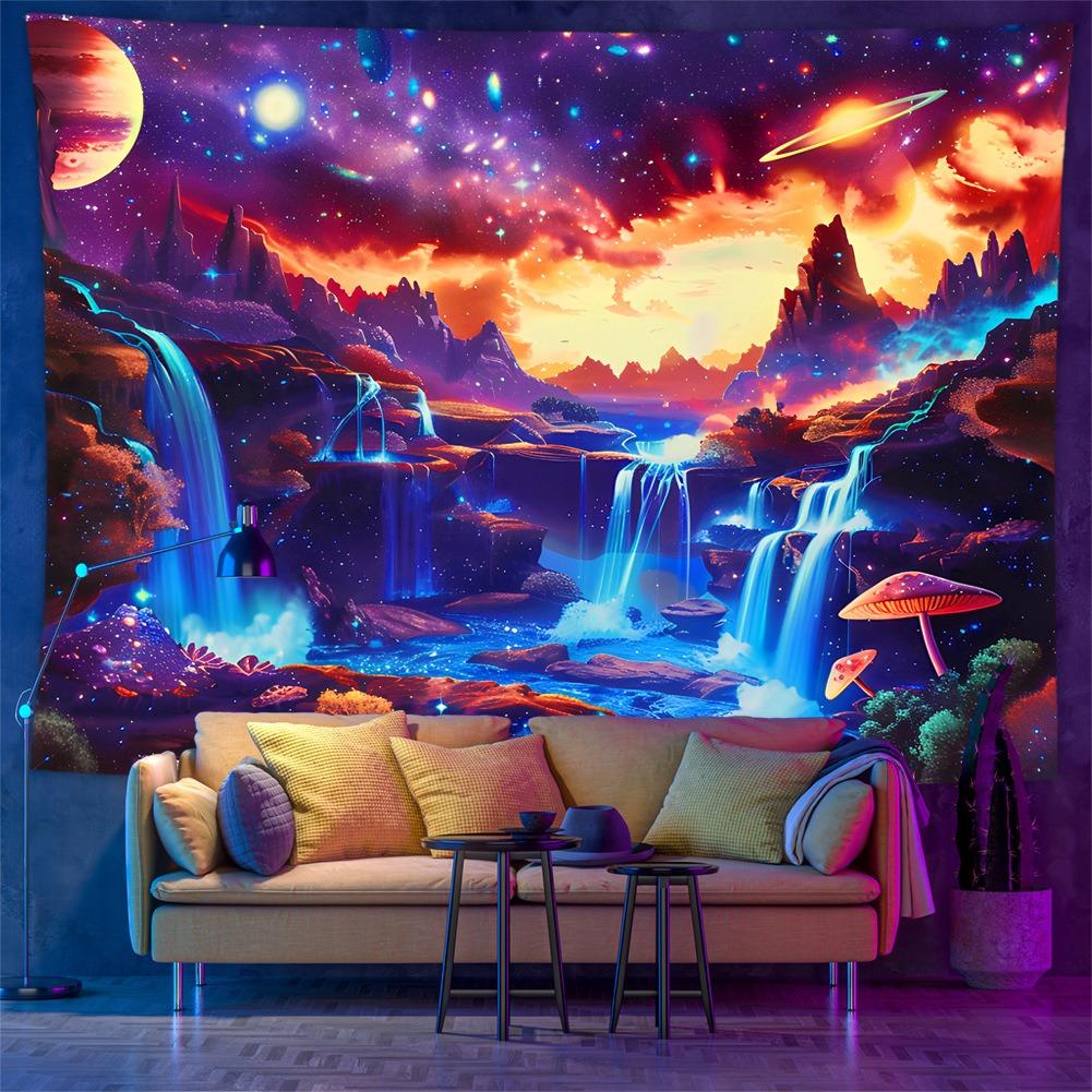UV Reactive Mushroom Tapestry 2D Flat Printing Peach Skin Blacklight Fluorescent Psychedelic Waterfall Wall Hanging Dorm Decor