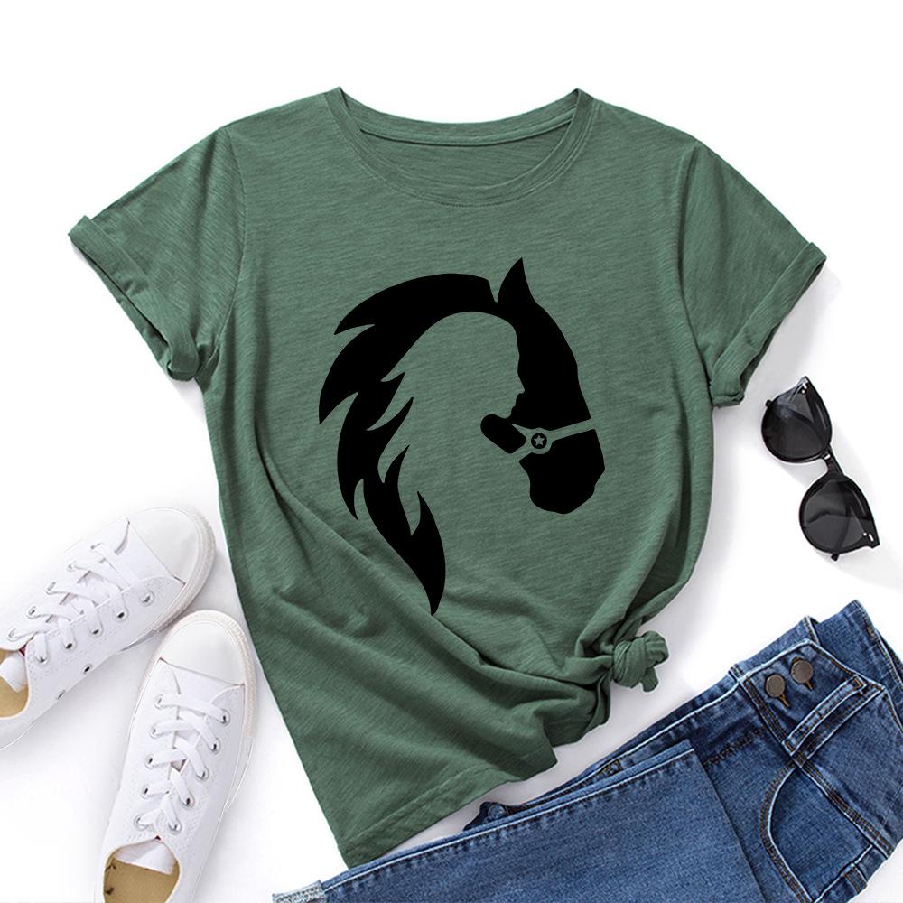 Character Animal Human Silhouette Cotton T-Shirt Short Sleeve Round Neck Women 2d Print Tops