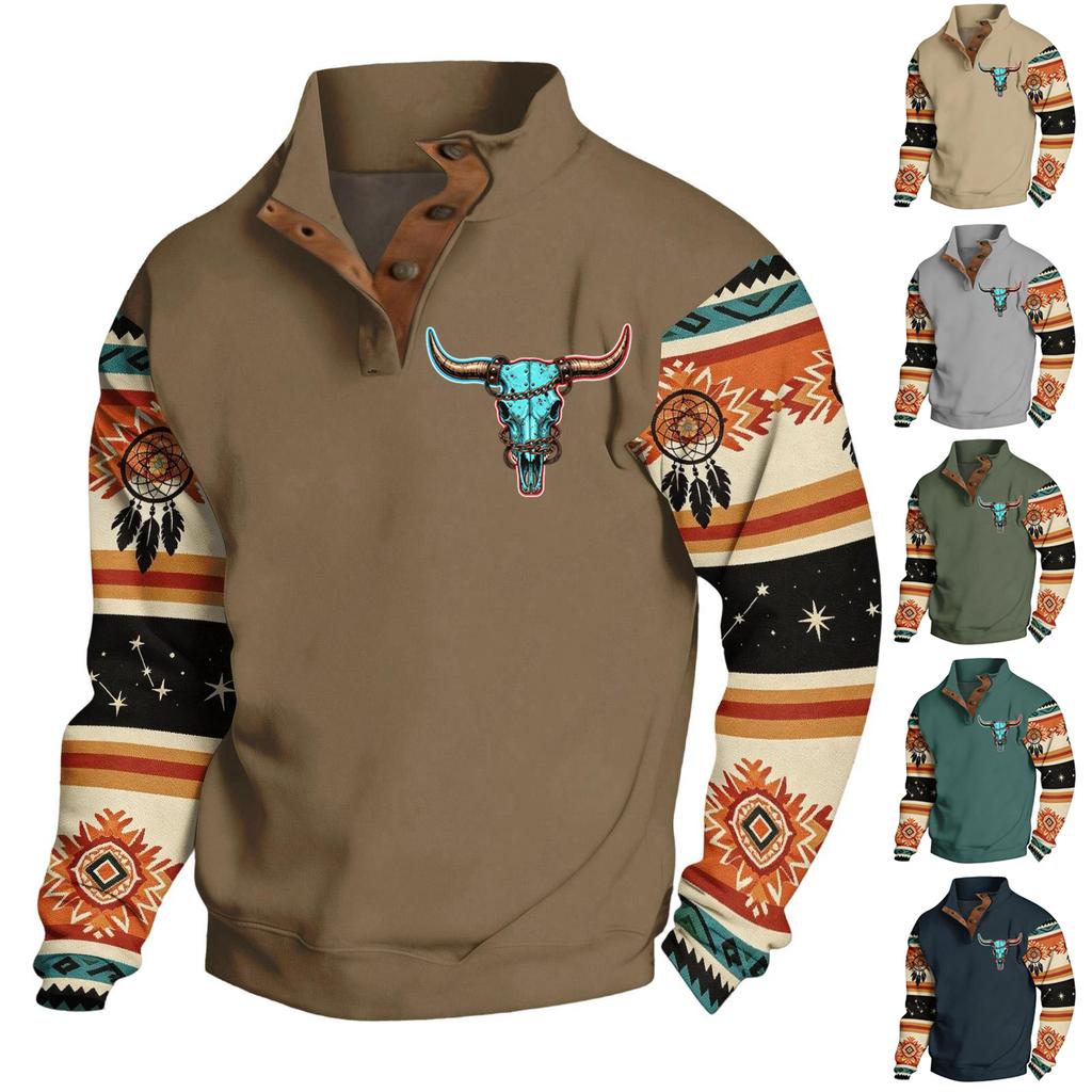 Men's Print Hoodie, Western Long Sleeve Pullover Sweatshirt with Pattern