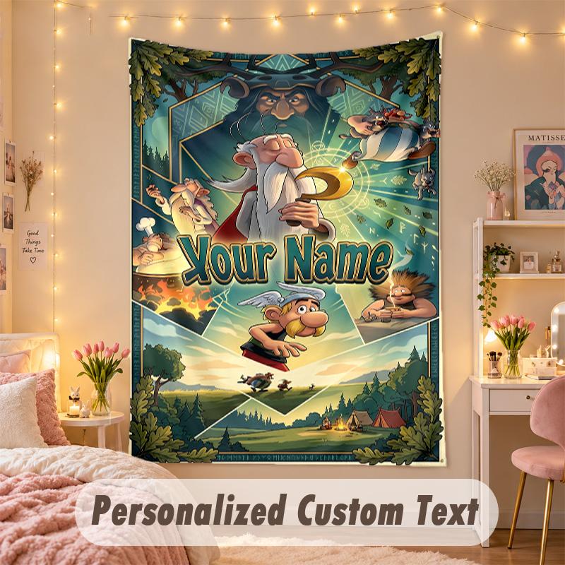 Custom Personalized Tapestry,Asterix & Obelix Print Custom Name Text Wall Art Hanging for Bedroom