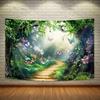 Magical Forest Fairy Tale Background Banner Made of Polyester Fabric Featuring Charming Green Spring Scenes and Butterflies