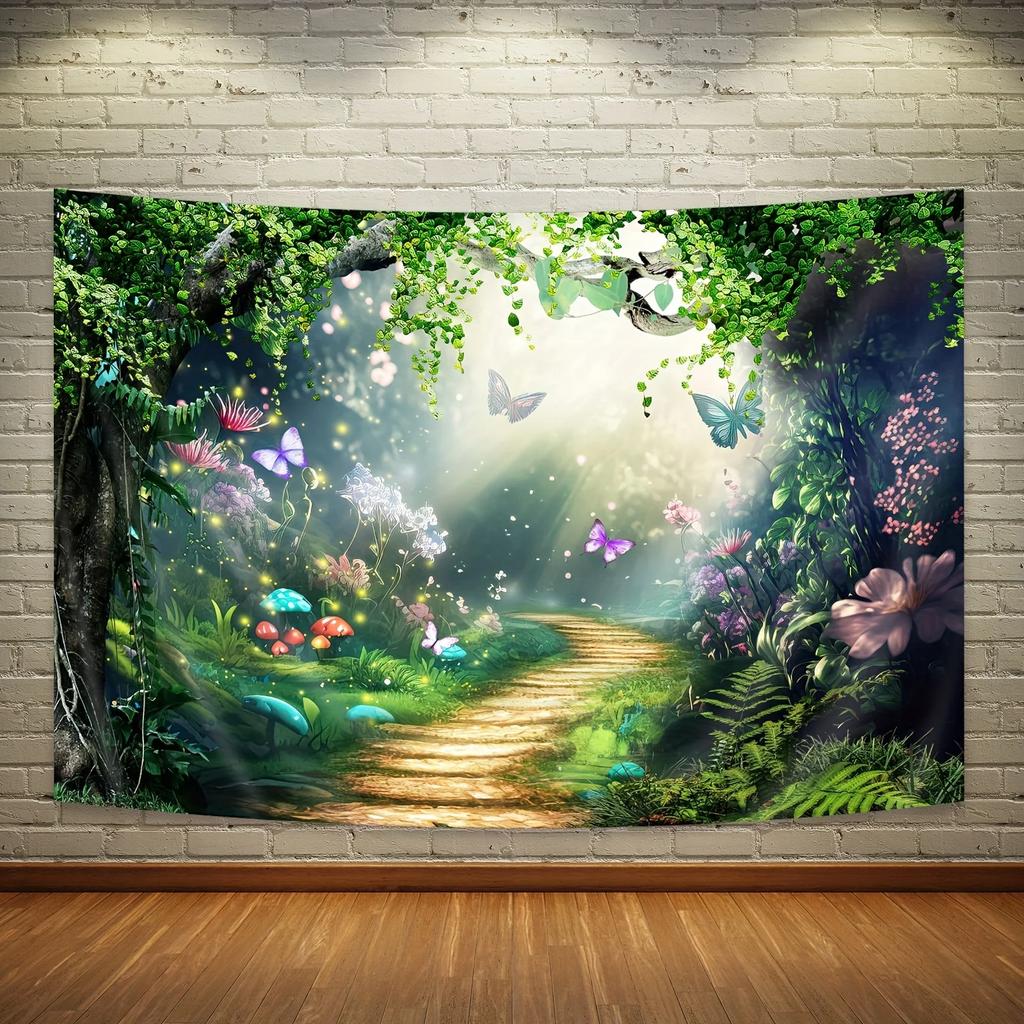 Magical Forest Fairy Tale Background Banner Made of Polyester Fabric Featuring Charming Green Spring Scenes and Butterflies