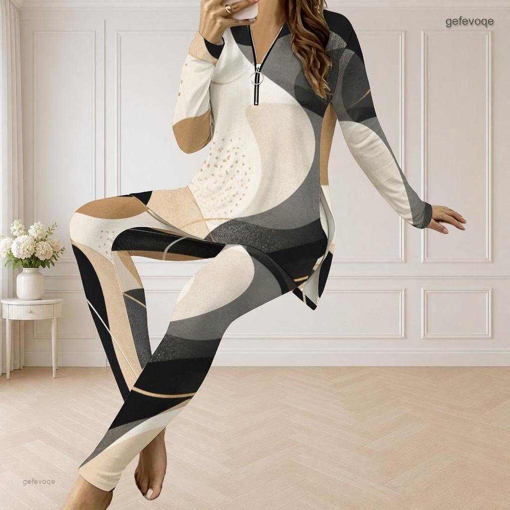 Women Plus Size Printed Two Piece Set Half Zip Neck Long Sleeve Top And Fitted Long Pants