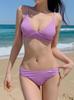 Textured Wave Stripe Small Black Bust-Gathering Three-Piece Bikini Set - Sexy Blue Women's Swimsuit for Pool and Beach.