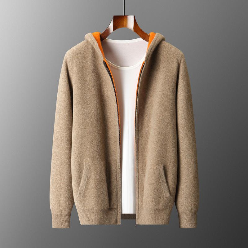 Men's Zipper Hooded Wool Cardigan - Thick Knitwear for Autumn/Winter