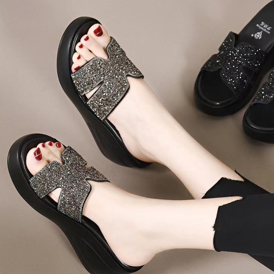 Slope heel rhinestone cool slippers women's high heel soft leather Korean version thick bottom H half drag summer outer wear muffin bottom one-word d