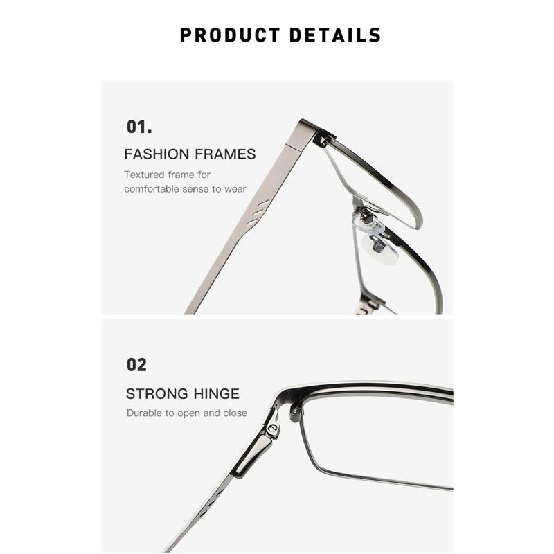 Men Square Metal Large Frame Reading Presbyopia Glasses Business Eyewear Diopters +1.25  To +6.0