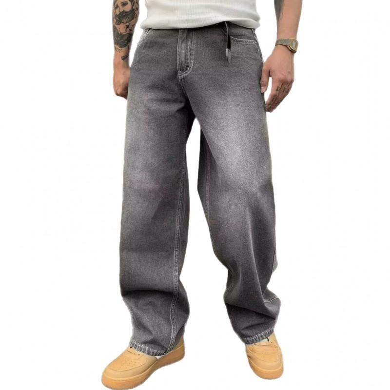 Mens High-Waisted Straight Cut Wide Leg Jeans Gray Casual Denim Pants Slimming Tapered Fit