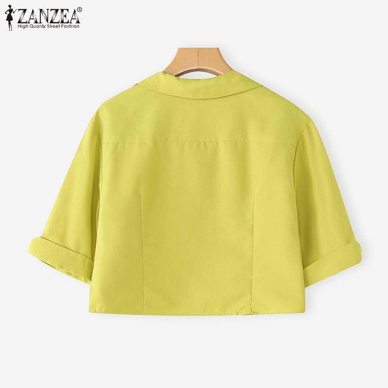 ZANZEA Women Lapel Collar Short Sleeve Buttons Casual Cropped Blouse