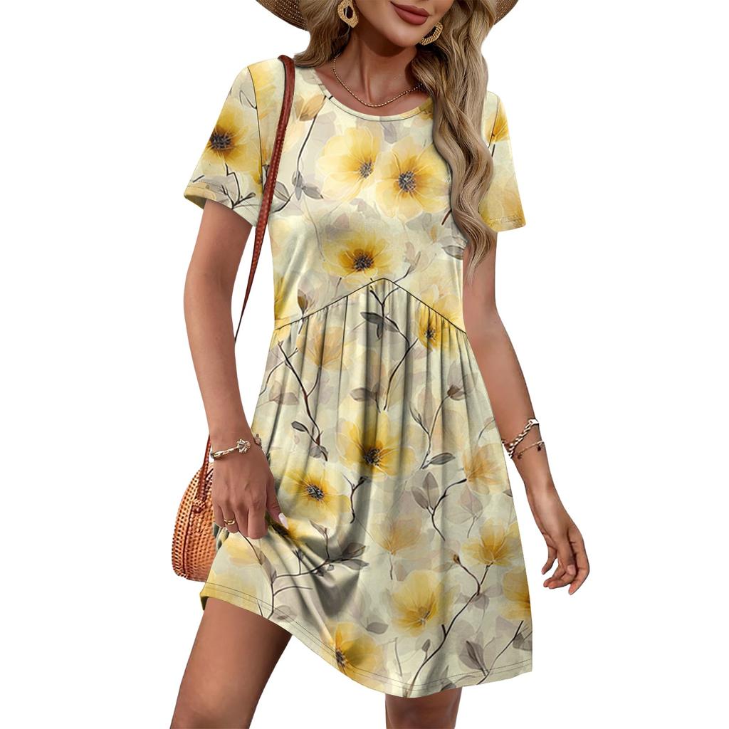 Women’s Short Sleeve Floral Print Casual Mini Dress Crew Neck Loose Fit Summer Sundress Soft Fabric Comfortable Style