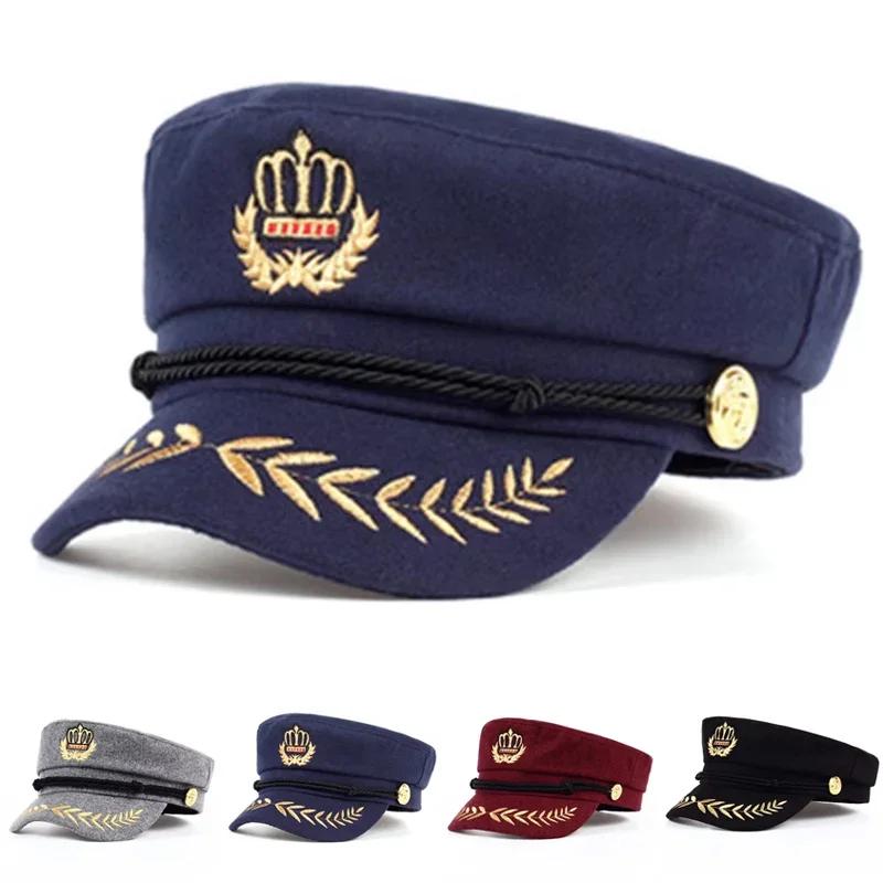 Unisex Blaue Kapitänskappe - Weizenähren-Militärkappe für Männer & Frauen, Flache Kappe Matrosenbarett für Frühling Herbst, Schwarz Große Größe