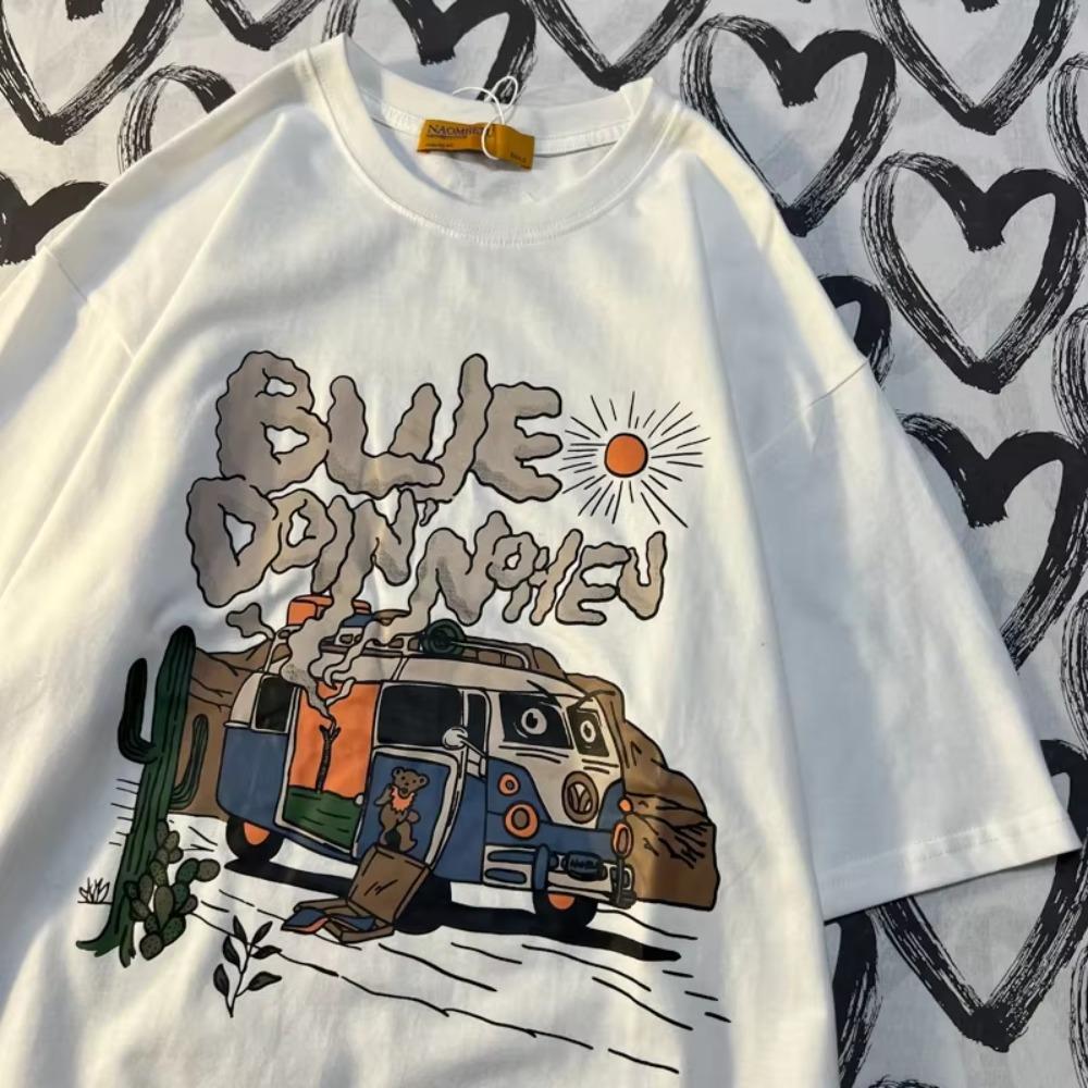 Please Pay Attention To American Retro Cartoon Print Short Sleeved T-shirt Trendy Cotton Loose Oversize Lovers Men Women T Shirt